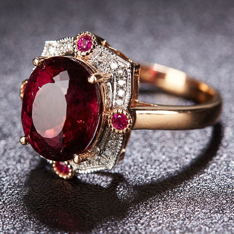 14k Gold 5.1 Ct Natural Tourmaline & Diamond & Ruby Ring - 3
