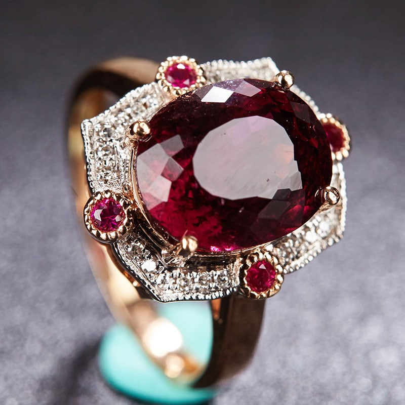 14k Gold 5.1 Ct Natural Tourmaline & Diamond & Ruby Ring - 4
