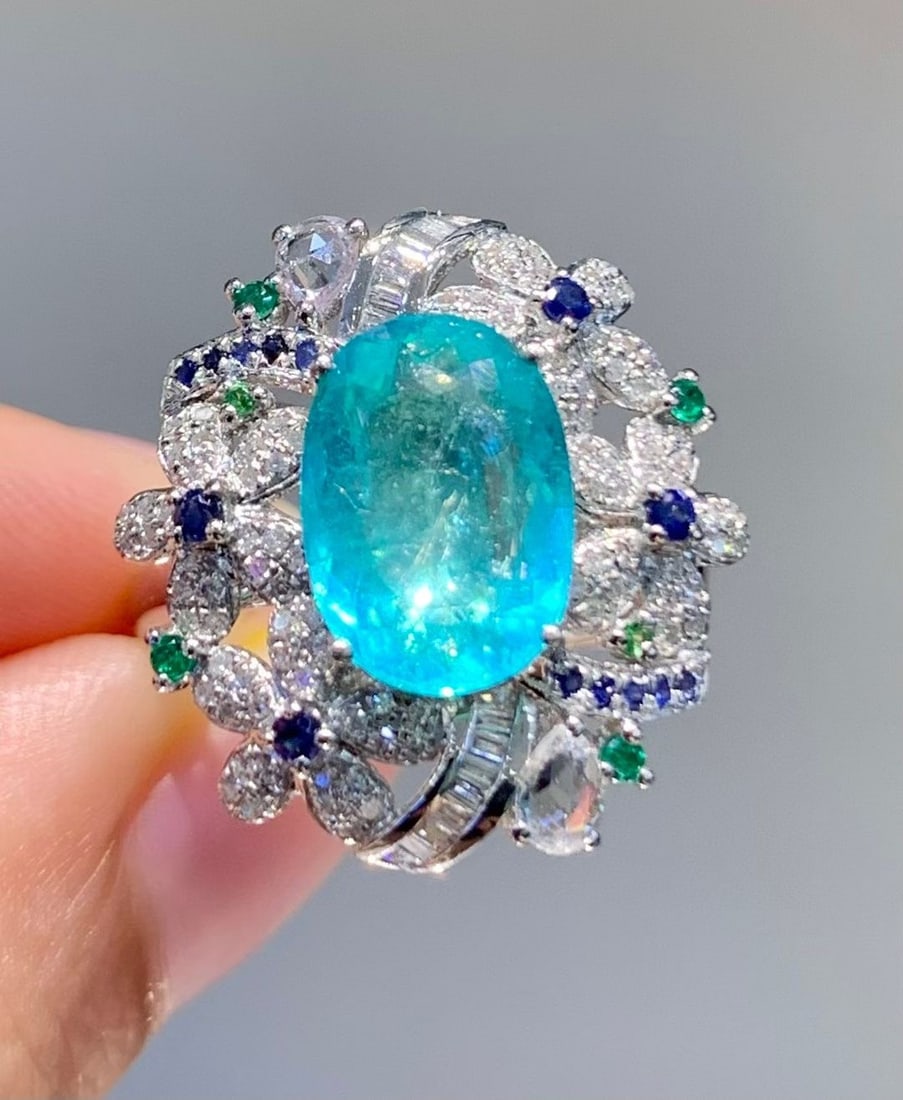 14k Gold 2.8 Ct Natural Paraiba Tourmaline & Diamond & Sapphire & Tsavorite Ring: Ref:231034146 // gold content:14k gold // ring size:7. 25us // // main gemstone:paraiba tourmaline // shape:oval // carat weight:2. 8ct // color:blue // treatment:natural // // adjacent gemstone 2 :