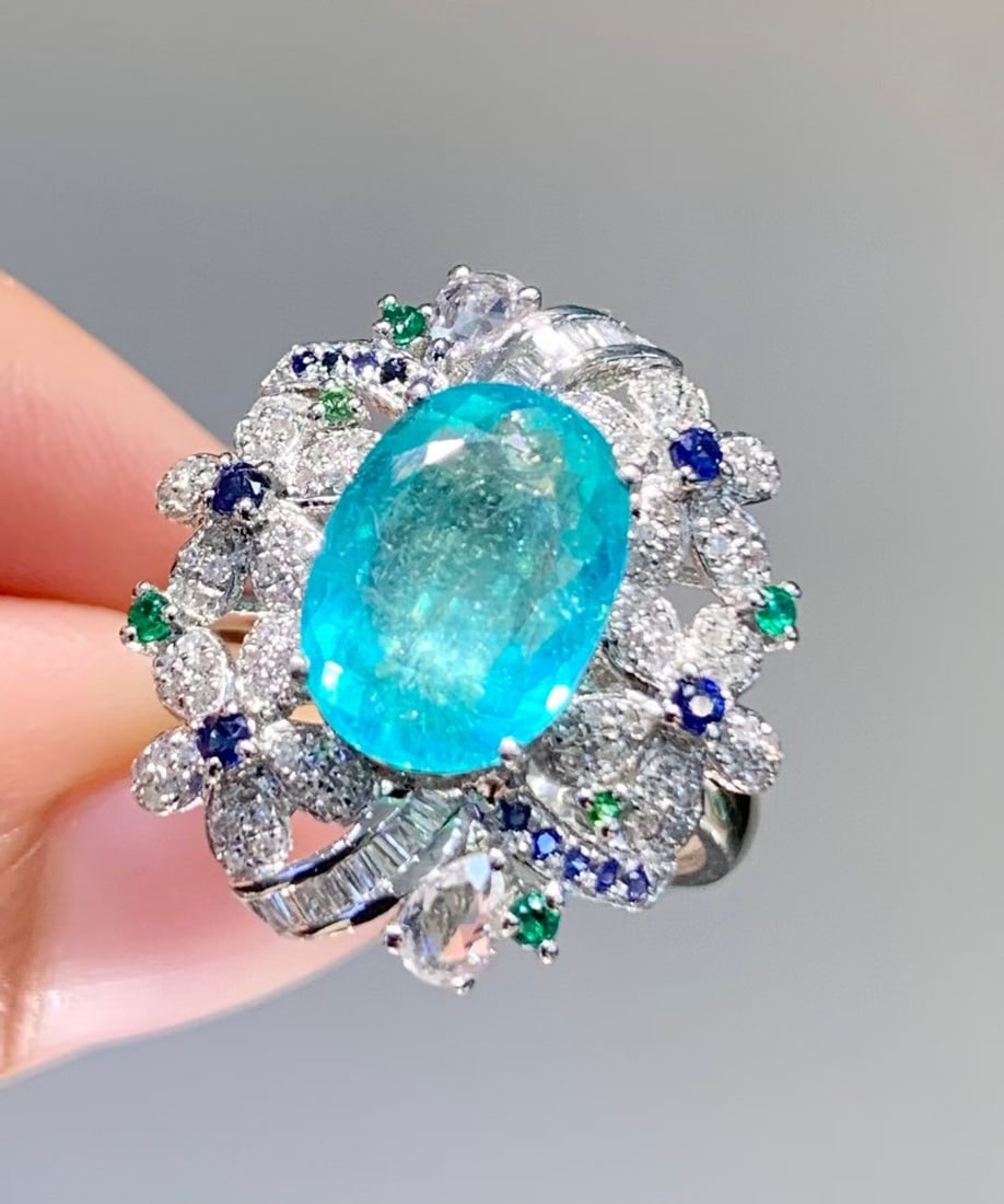 14k Gold 2.8 Ct Natural Paraiba Tourmaline & Diamond & Sapphire & Tsavorite Ring - 2
