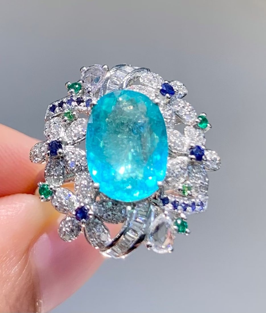 14k Gold 2.8 Ct Natural Paraiba Tourmaline & Diamond & Sapphire & Tsavorite Ring - 3