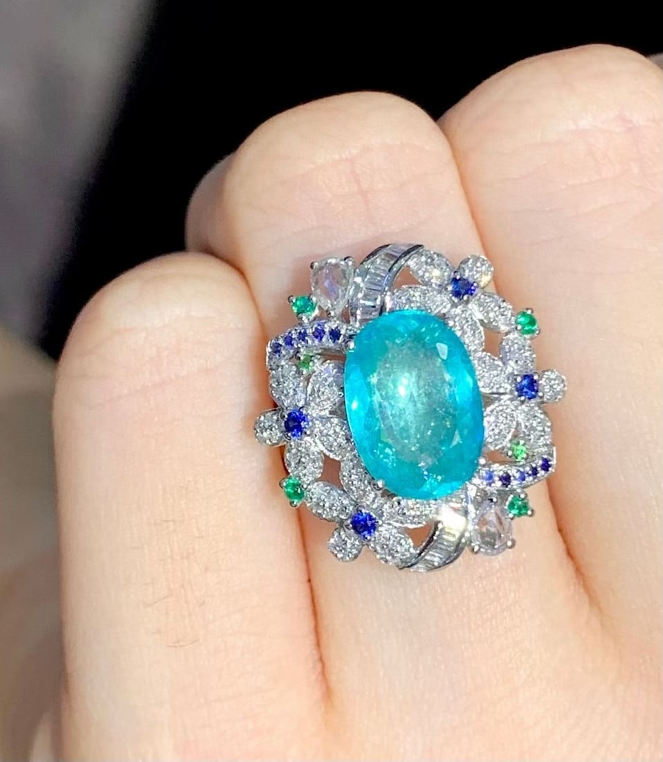 14k Gold 2.8 Ct Natural Paraiba Tourmaline & Diamond & Sapphire & Tsavorite Ring - 4