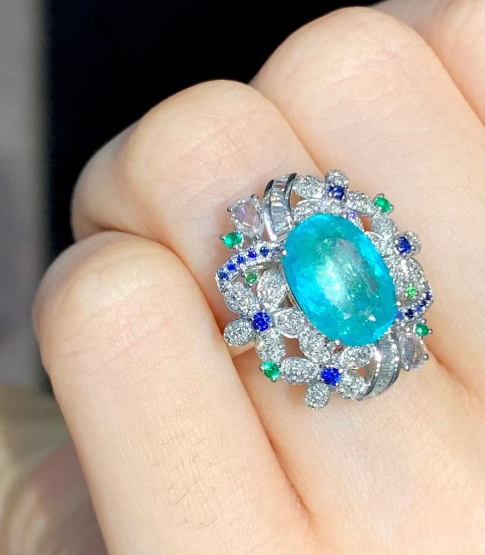 14k Gold 2.8 Ct Natural Paraiba Tourmaline & Diamond & Sapphire & Tsavorite Ring - 5