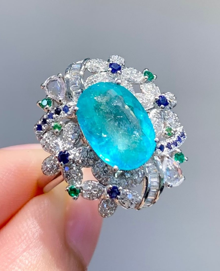 14k Gold 2.8 Ct Natural Paraiba Tourmaline & Diamond & Sapphire & Tsavorite Ring - 6