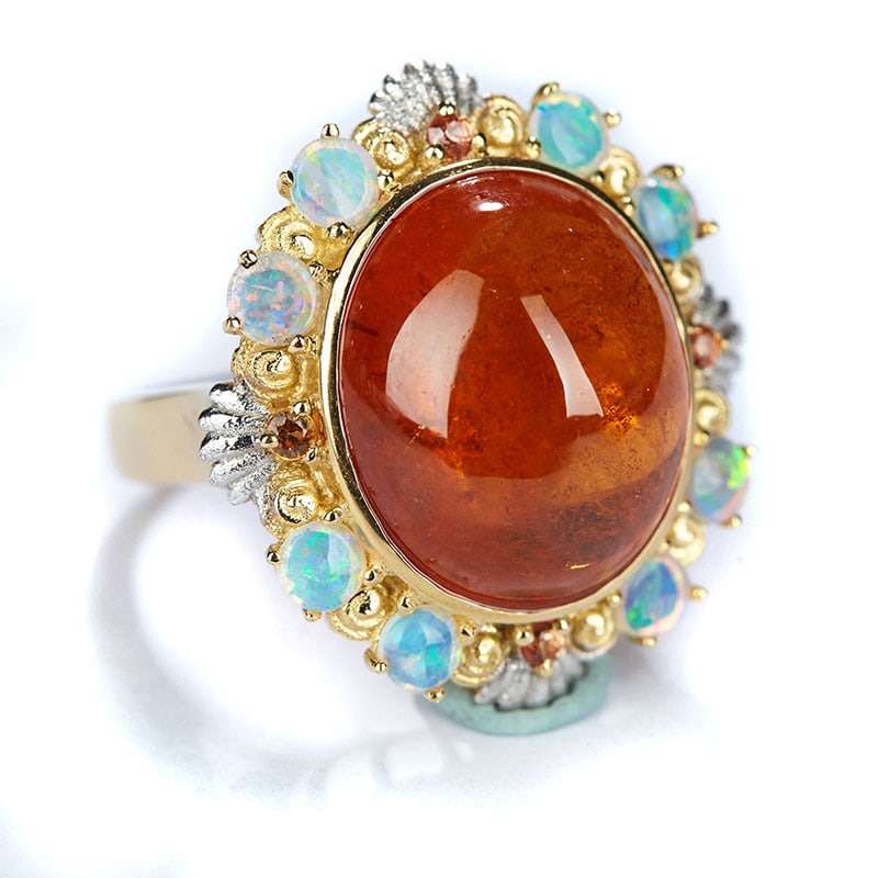 14k Gold 20 Ct Natural Spessartine & Opal Ring - 2