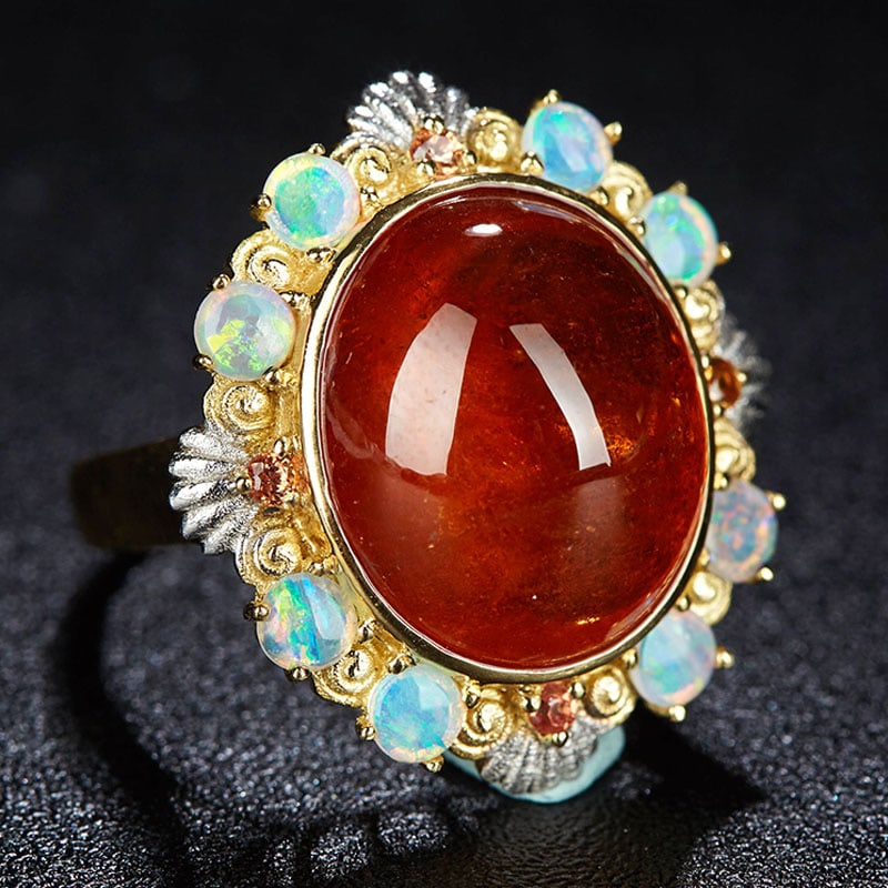 14k Gold 20 Ct Natural Spessartine & Opal Ring - 3