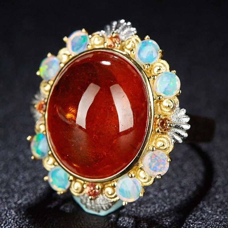 14k Gold 20 Ct Natural Spessartine & Opal Ring - 4