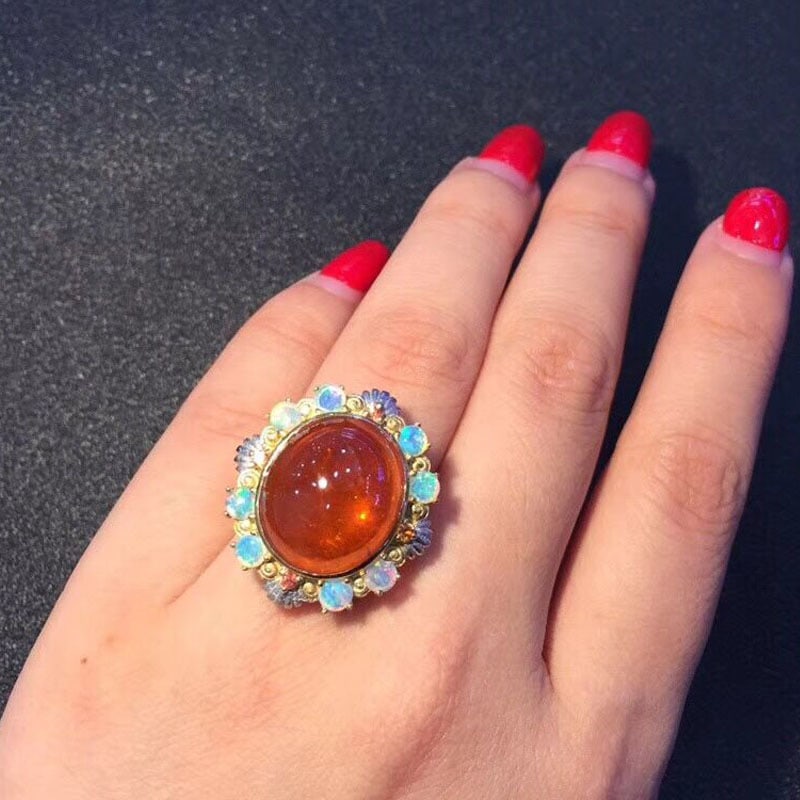 14k Gold 20 Ct Natural Spessartine & Opal Ring - 5