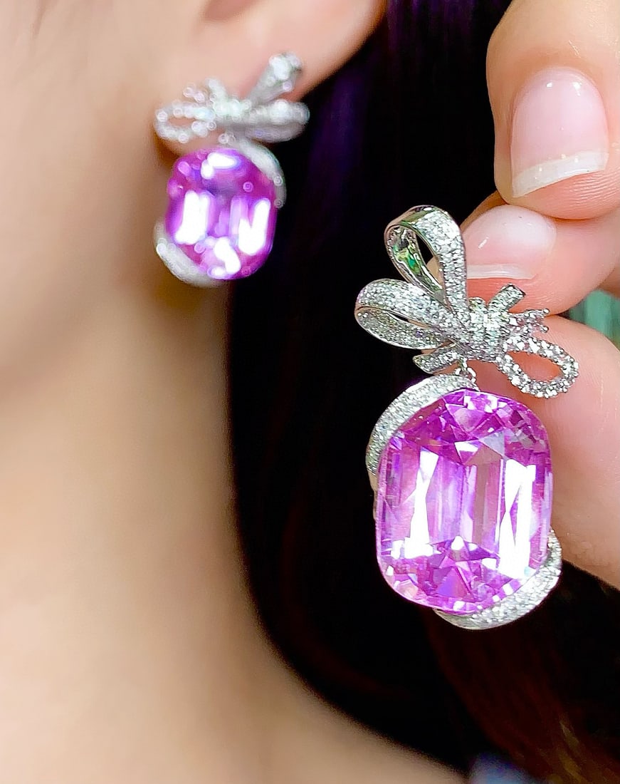 14k Gold 39.2 Ct Natural Kunzite & Diamond & Sapphire Earrings - 2