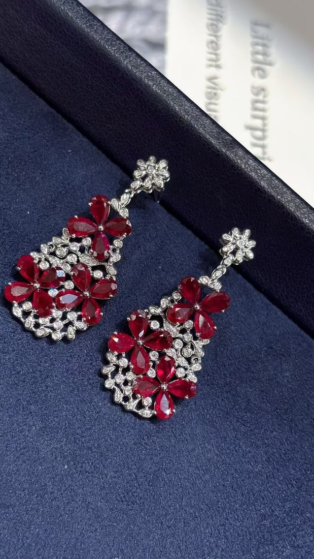 14k Gold 5.6 Ct Natural Ruby & Diamond Earrings - 4