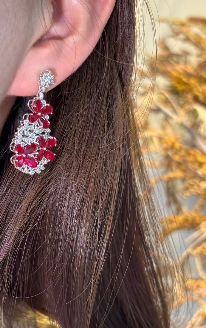 14k Gold 5.6 Ct Natural Ruby & Diamond Earrings - 5