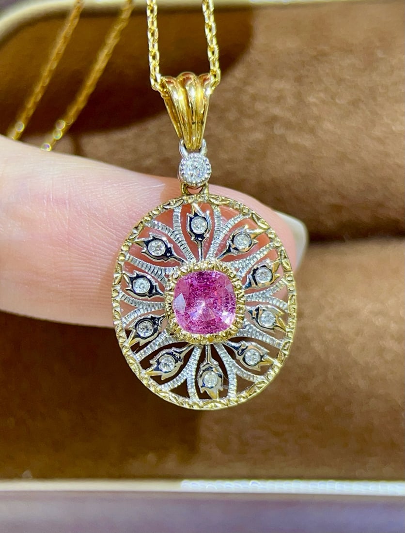 14k Gold 0.74 Ctw Natural Padparadscha Sapphire & Diamond Pendant( Without Chain ): Ref:231034166 // gold content:14k gold // main gemstone:padparadscha sapphire // shape:cushion // carat weight:0. 66ct // color:orangish pink // treatment:natural // // adjacent gemstone 2 : diamond /