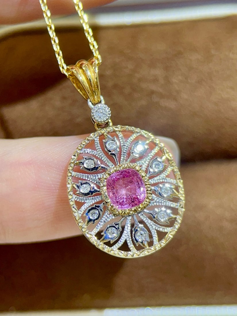 14k Gold 0.74 Ctw Natural Padparadscha Sapphire & Diamond Pendant( Without Chain ) - 2