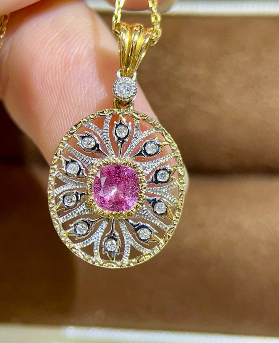 14k Gold 0.74 Ctw Natural Padparadscha Sapphire & Diamond Pendant( Without Chain ) - 3