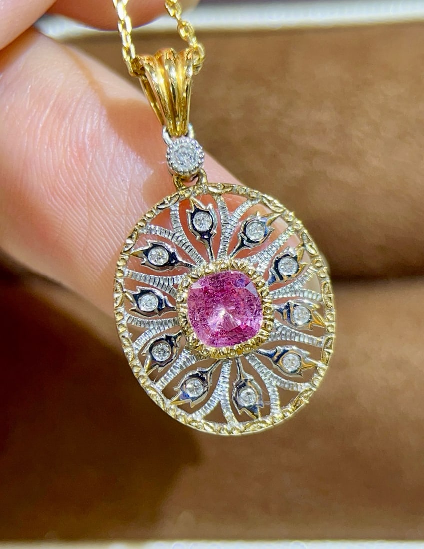 14k Gold 0.74 Ctw Natural Padparadscha Sapphire & Diamond Pendant( Without Chain ) - 4