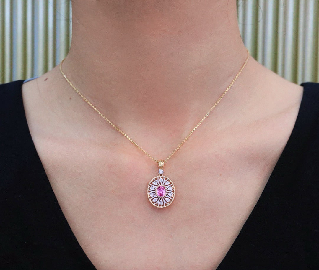 14k Gold 0.74 Ctw Natural Padparadscha Sapphire & Diamond Pendant( Without Chain ) - 5