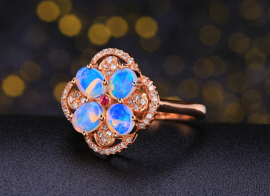 14k Gold 1.09 Ctw Natural Opal & Diamond Ring - 2