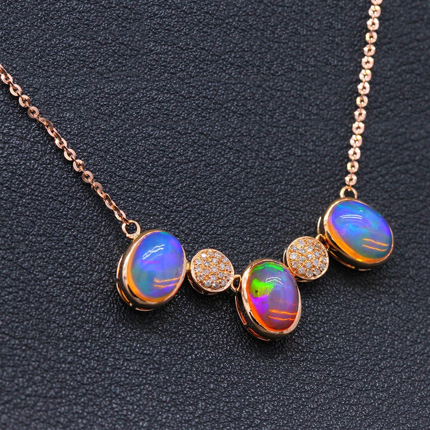 14k Gold 4.11 Ctw Natural Opal & Diamond Necklace - 2
