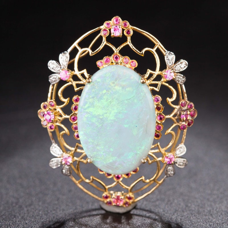14k Gold 4.05 Ct Natural Opal & Diamond & Sapphire Pendant( Without Chain ): Ref:231034174 // gold content:14k gold // main gemstone:opal // shape:oval // carat weight:4. 05ct // color:color // treatment:natural // // adjacent gemstone 2 : diamond // shape:round // clarity gra