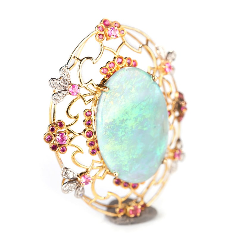 14k Gold 4.05 Ct Natural Opal & Diamond & Sapphire Pendant( Without Chain ) - 2