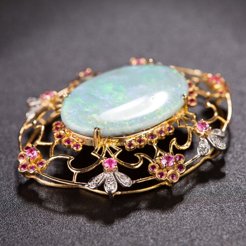 14k Gold 4.05 Ct Natural Opal & Diamond & Sapphire Pendant( Without Chain ) - 3