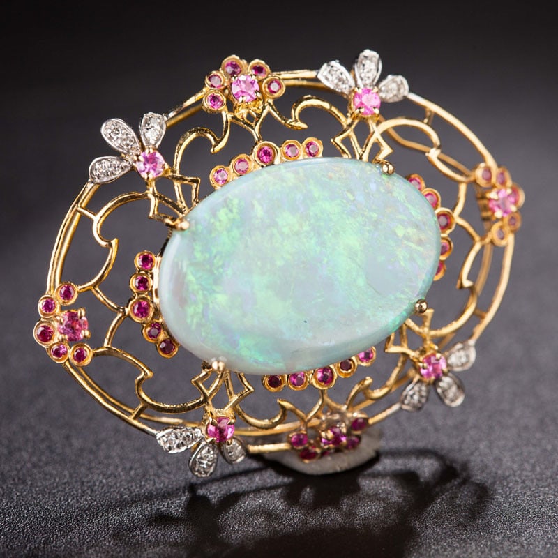 14k Gold 4.05 Ct Natural Opal & Diamond & Sapphire Pendant( Without Chain ) - 4