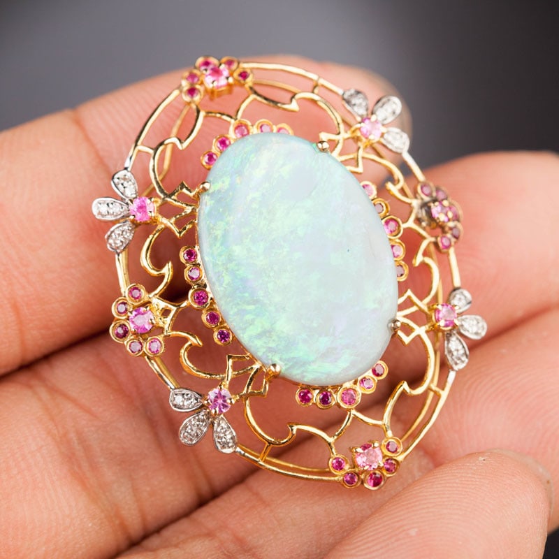 14k Gold 4.05 Ct Natural Opal & Diamond & Sapphire Pendant( Without Chain ) - 5