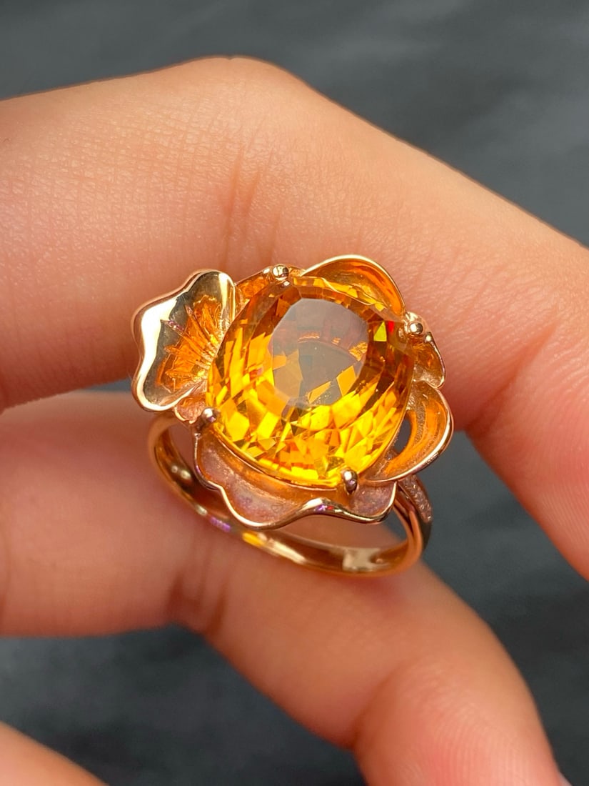 14k Gold 7.8 Ct Natural Citrine & Diamond Ring - 2