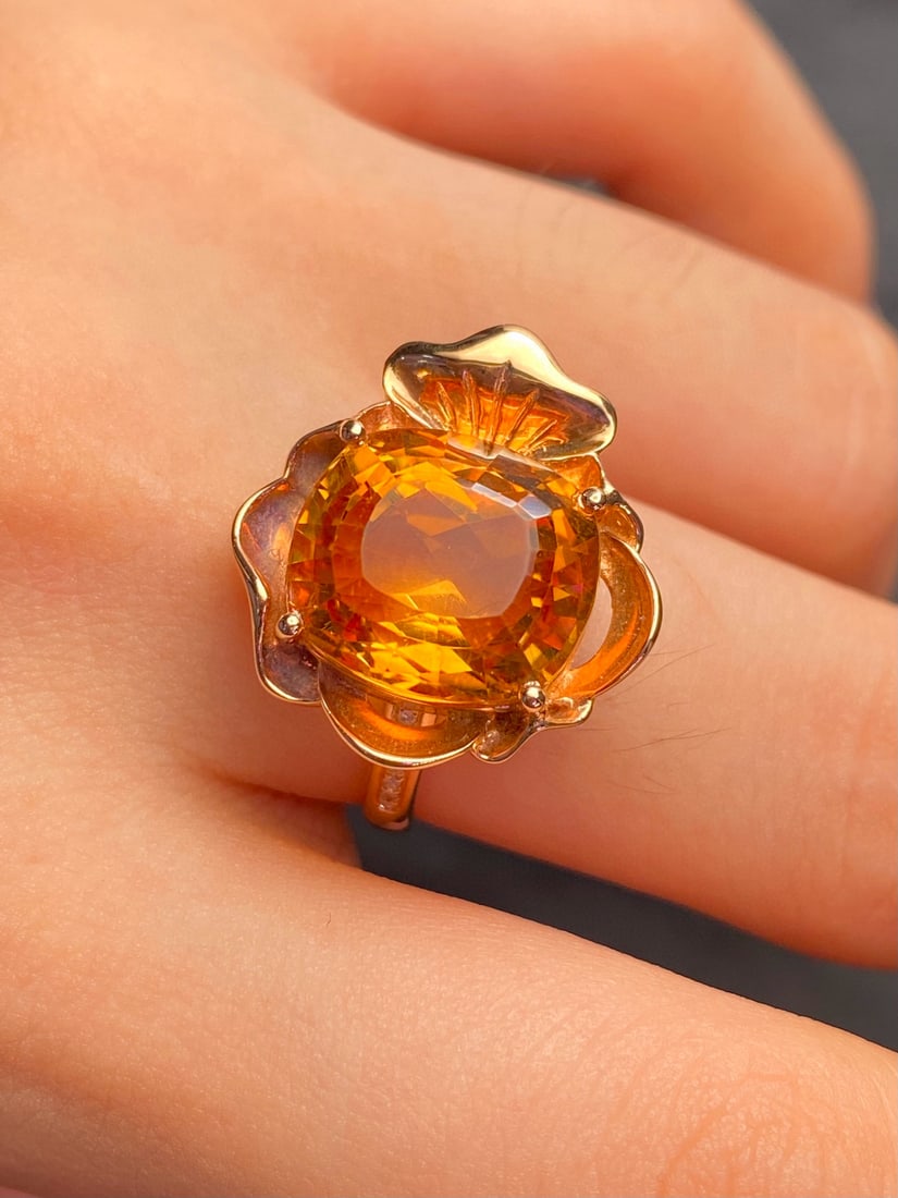 14k Gold 7.8 Ct Natural Citrine & Diamond Ring - 4