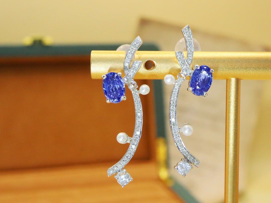 14k Gold 1.55 Ctw Natural Sapphire & Diamond Earrings - 3