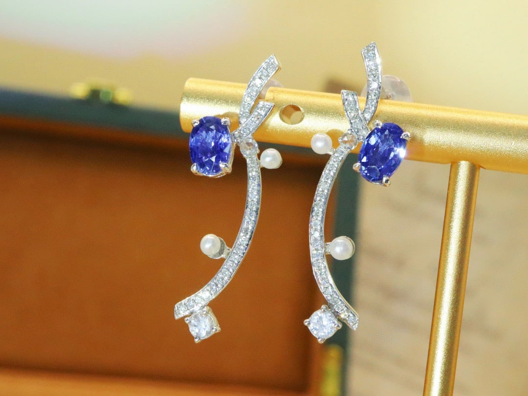 14k Gold 1.55 Ctw Natural Sapphire & Diamond Earrings - 4