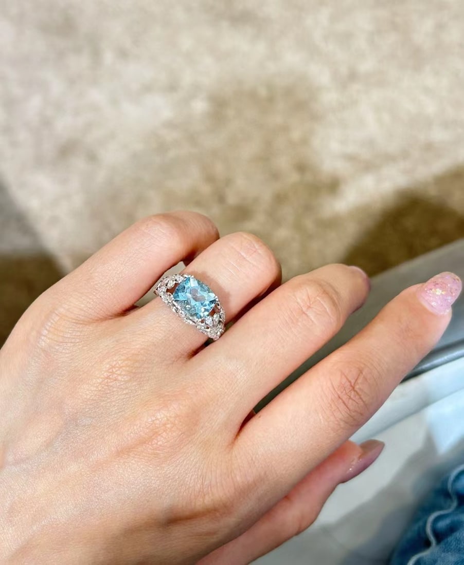 14k Gold 3.63 Ctw Natural Aquamarine & Diamond Ring - 7