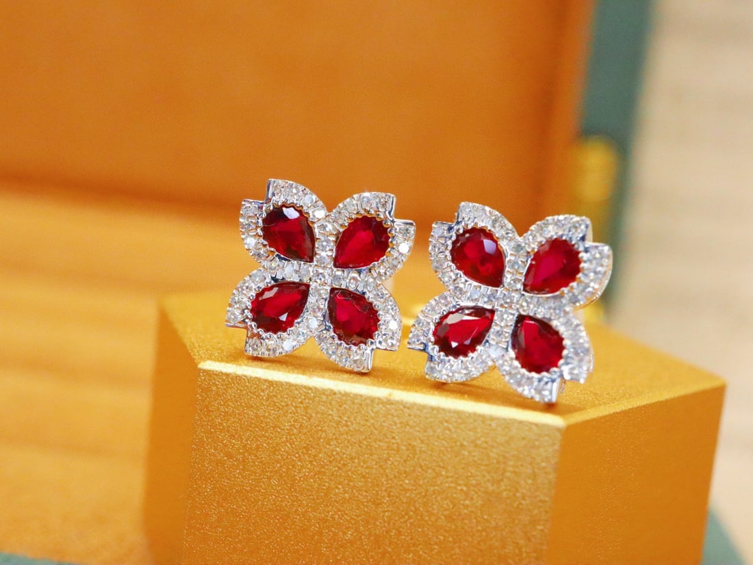 14k Gold 1.62 Ctw Natural Ruby & Diamond Earrings - 3
