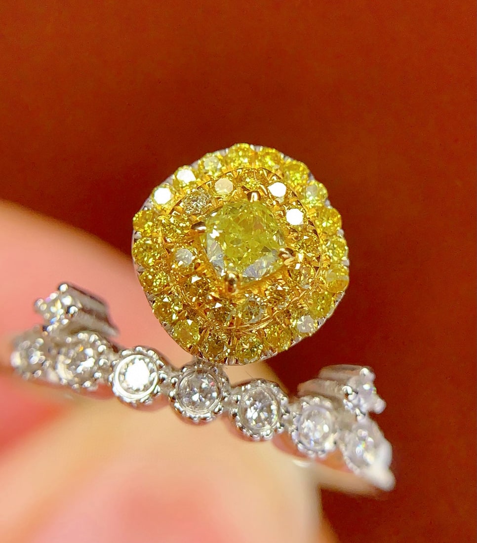 14k Gold 0.42 Ct Natural Yellow Diamond & Diamond Ring: Ref:231034228 // gold content:14k gold // ring size:7. 25us // // main gemstone:yellow diamond // shape:cushion // carat weight:0. 42ct // color:yellow // treatment:natural // // adjacent gemstone 2