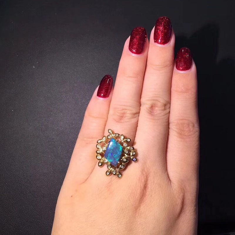 14k Gold 1.75 Ct Natural Opal & Diamond Ring - 5