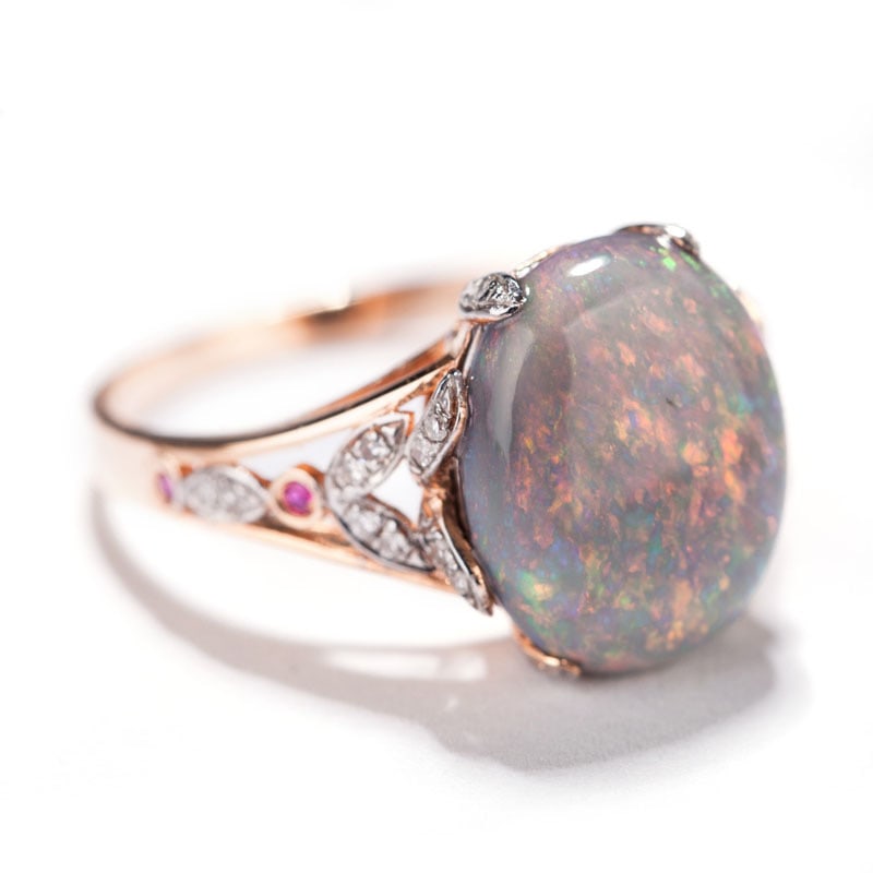 14k Gold 3.9 Ct Natural Opal & Diamond & Ruby Ring - 2