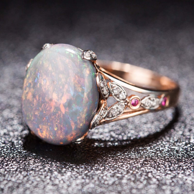 14k Gold 3.9 Ct Natural Opal & Diamond & Ruby Ring - 3