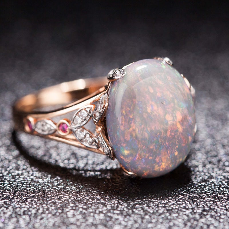 14k Gold 3.9 Ct Natural Opal & Diamond & Ruby Ring - 4