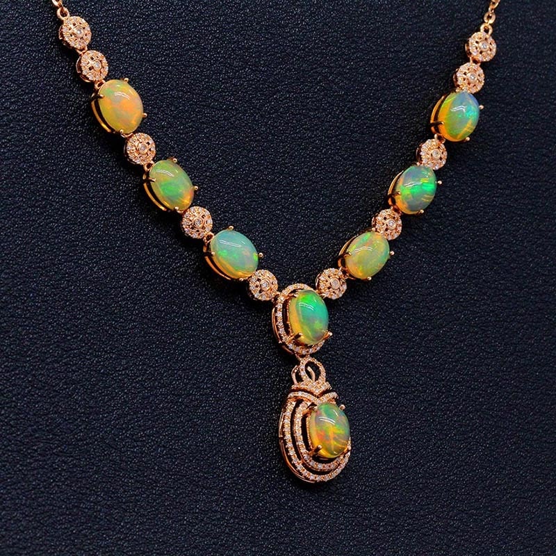 14k Gold 6.99 Ctw Natural Opal & Diamond Necklace - 2