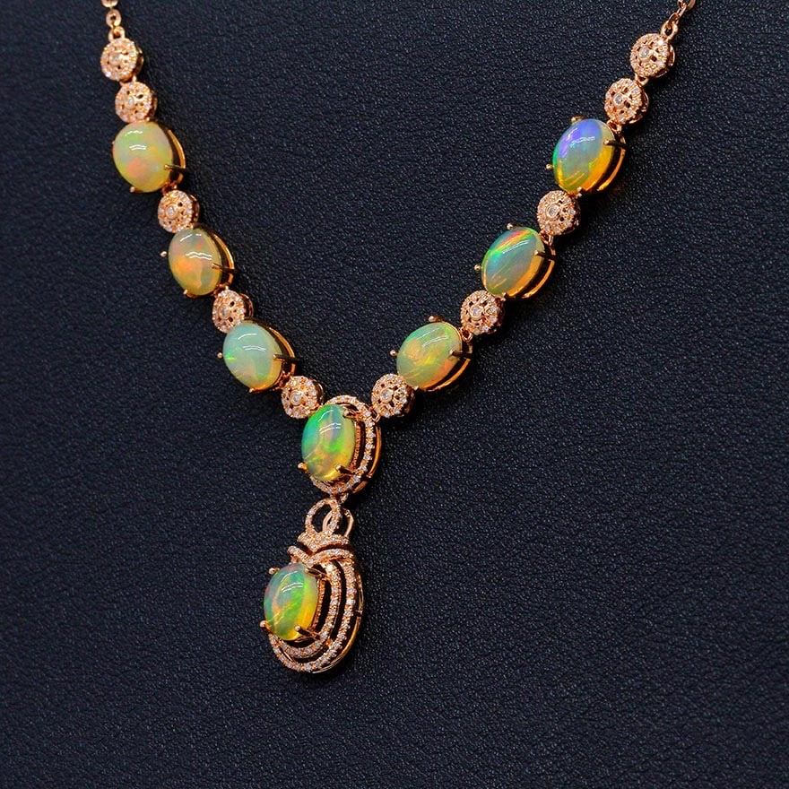 14k Gold 6.99 Ctw Natural Opal & Diamond Necklace - 3