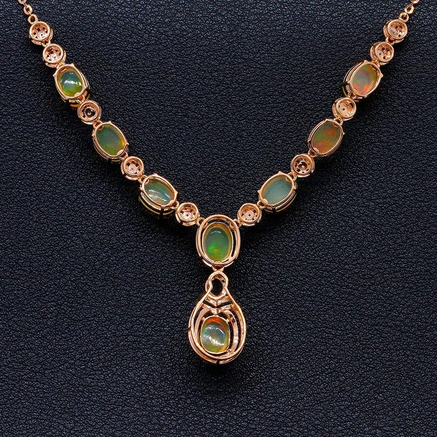 14k Gold 6.99 Ctw Natural Opal & Diamond Necklace - 4