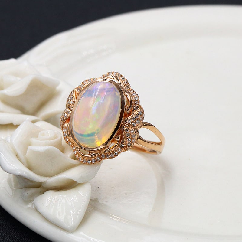 14k Gold 4.44 Ctw Natural Opal & Diamond Ring - 2
