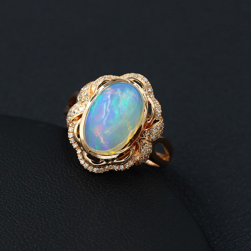 14k Gold 4.44 Ctw Natural Opal & Diamond Ring - 5