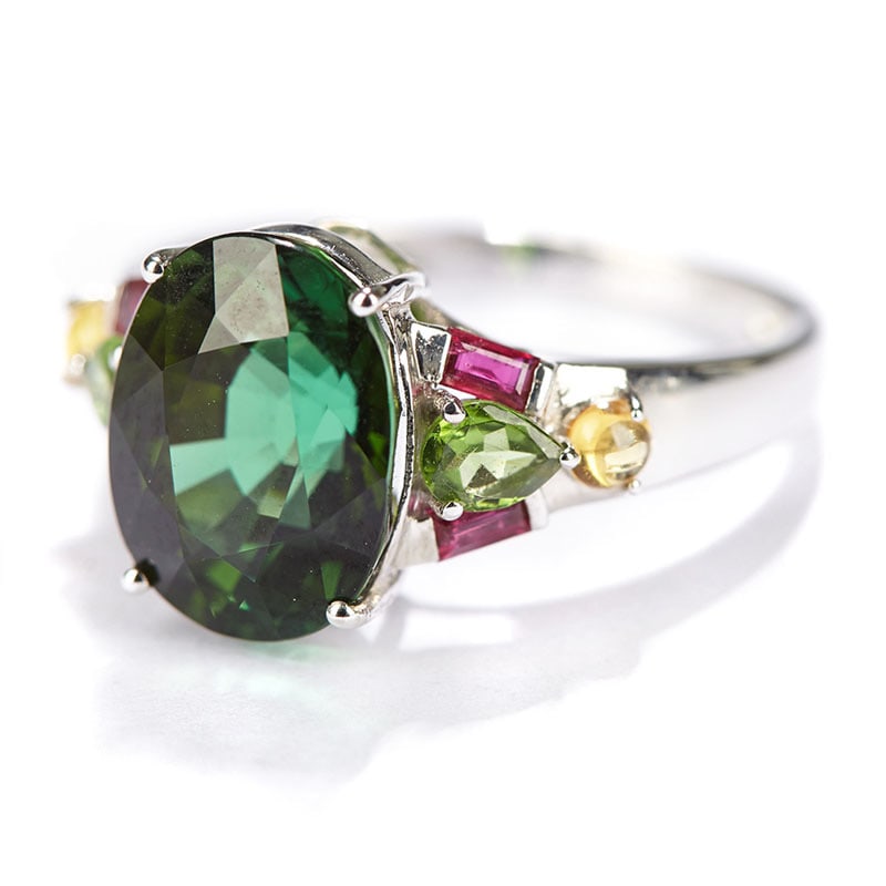 14k Gold 5.55 Ct Natural Tourmaline & Ruby & Sapphire Ring: Ref:231034250 // gold content:14k gold // ring size:7. 25us // // main gemstone:tourmaline // shape:oval // carat weight:5. 55ct // color:green // treatment:natural // // adjacent gemstone 2 : ruby