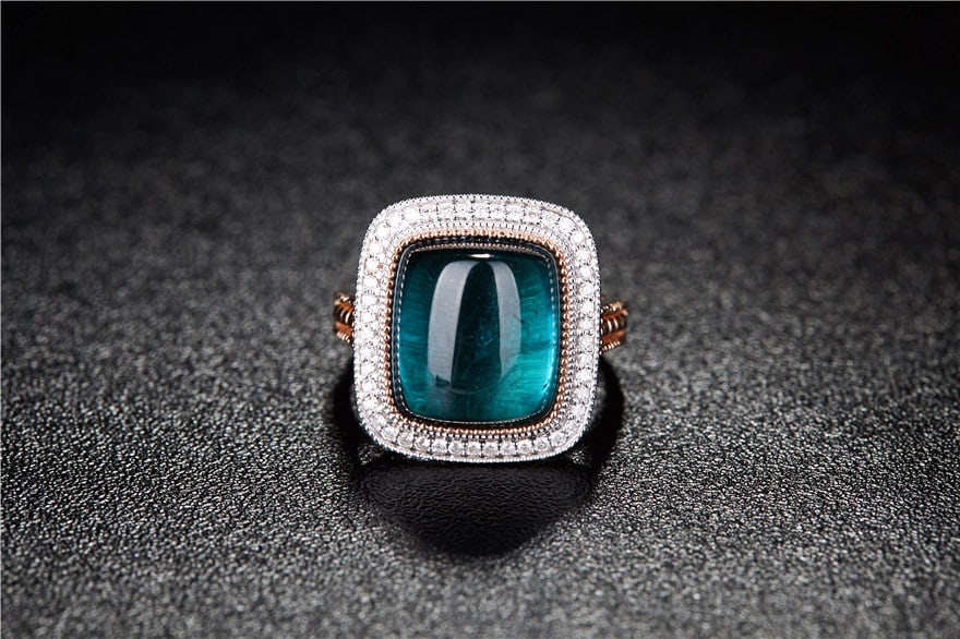 14k Gold 10.05 Ct Natural Tourmaline & Diamond Ring: Ref:231034252 // gold content:14k gold // ring size:7. 25us // // main gemstone:tourmaline // shape:cushion // carat weight:10. 05ct // color:blue // treatment:natural // // adjacent gemstone 2 :
