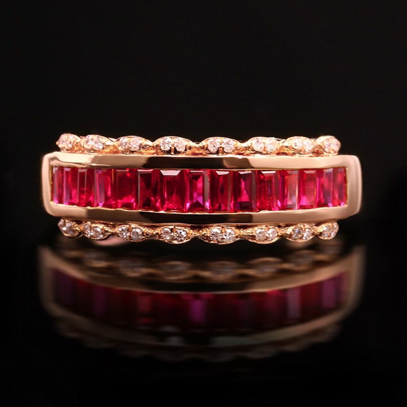 14k Gold 1.39 Ctw Natural Ruby & Diamond Ring: Ref:231034284 // gold content:14k gold // ring size:7. 25us // // main gemstone:ruby // shape:rectangle // carat weight:1. 3ct // color:red // treatment:natural // // adjacent gemstone 2 : diamond //