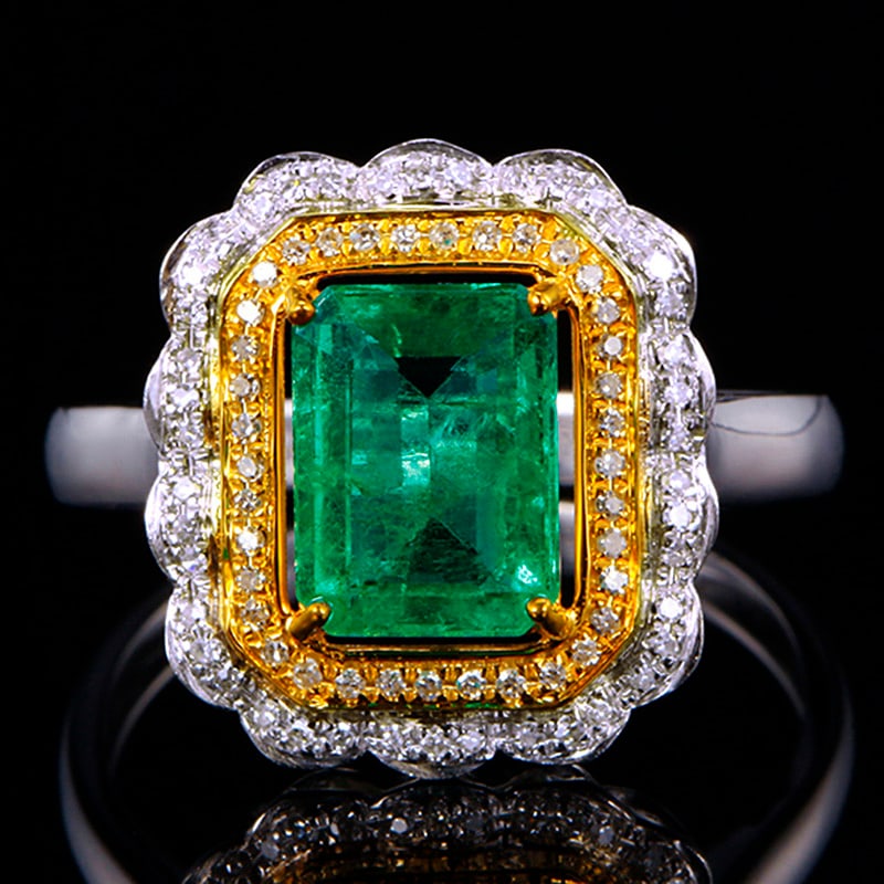 14k Gold 1.66 Ctw Vivid Green Natural Emerald & Diamond Ring: Ref:231034286 // gold content:14k gold // ring size:7. 25us // // main gemstone:emerald // shape:octagonal // carat weight:1. 43ct // color:vivid green // treatment:natural // // adjacent gemstone 2