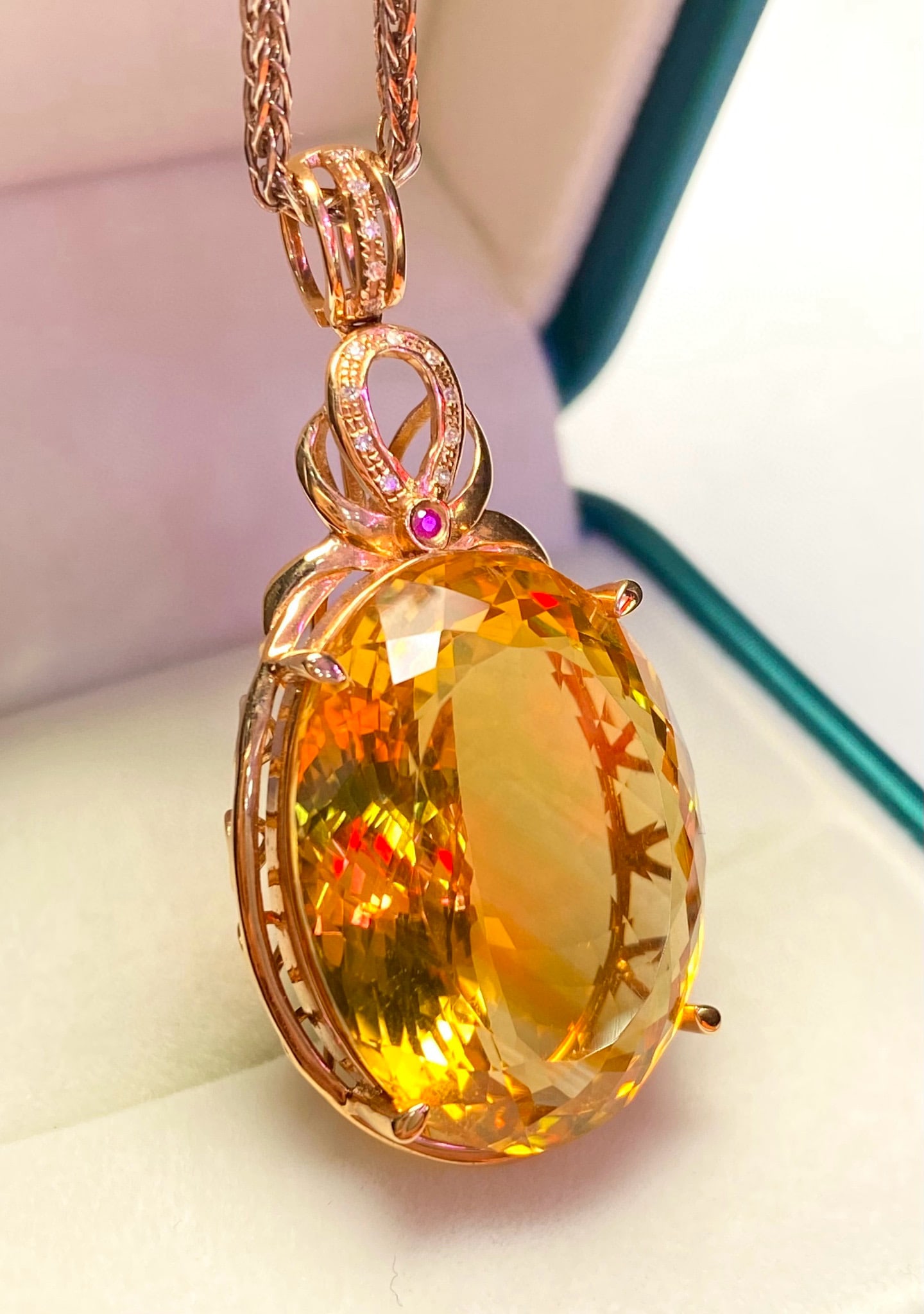 14k Gold 31.45 Ct Natural Citrine & Diamond & Ruby Pendant( Without Chain ): Ref:231034295 // gold content:14k gold // main gemstone:citrine // shape:oval // carat weight:31. 45ct // color:yellow // treatment:natural // // adjacent gemstone 2 : diamond // number of stones:24 /