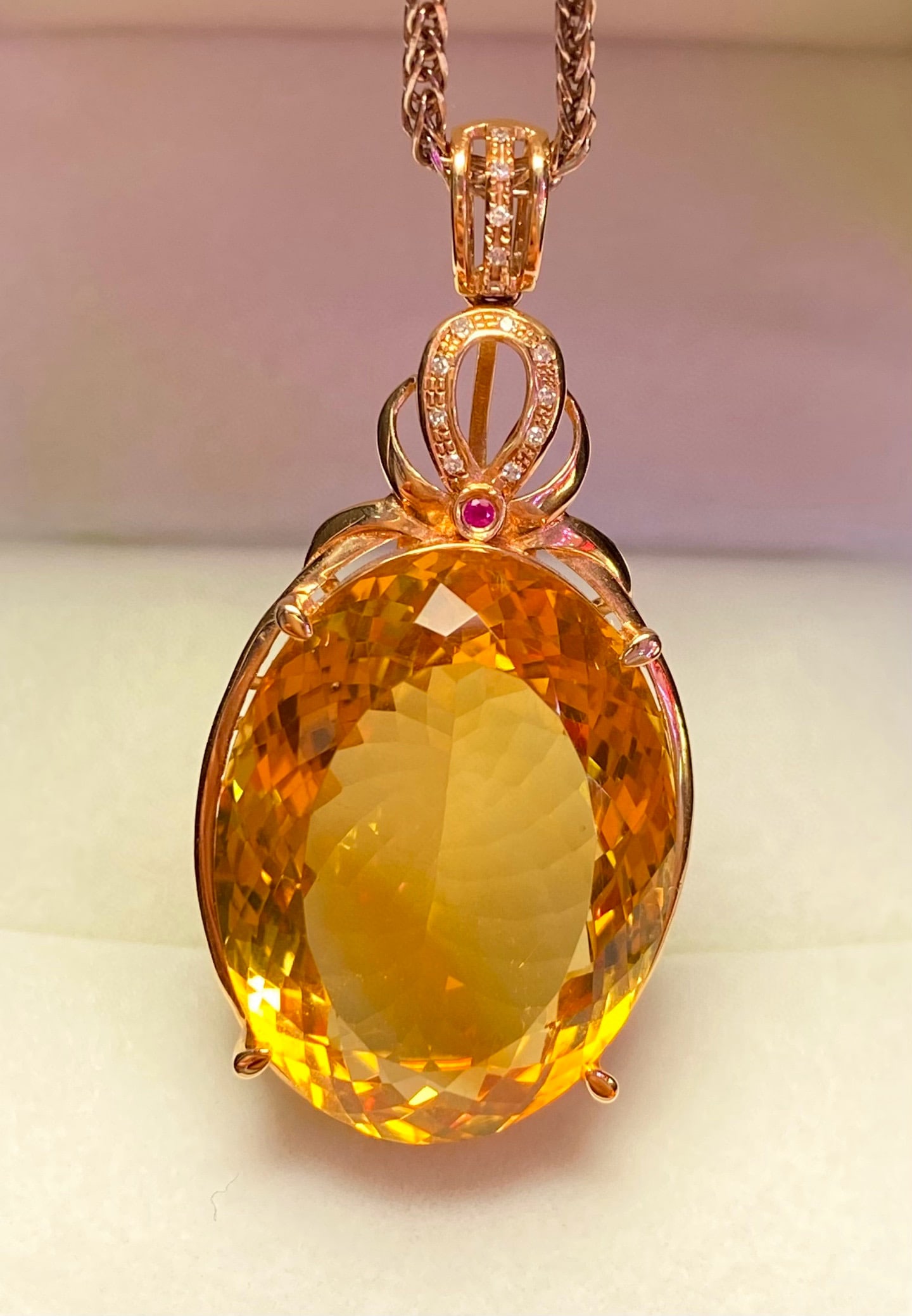14k Gold 31.45 Ct Natural Citrine & Diamond & Ruby Pendant( Without Chain ) - 2