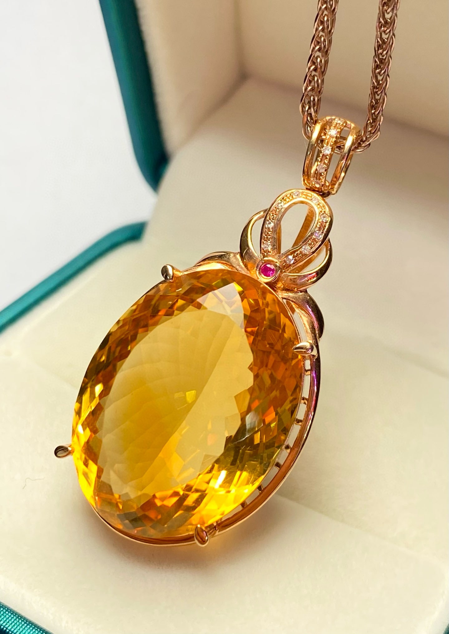 14k Gold 31.45 Ct Natural Citrine & Diamond & Ruby Pendant( Without Chain ) - 3